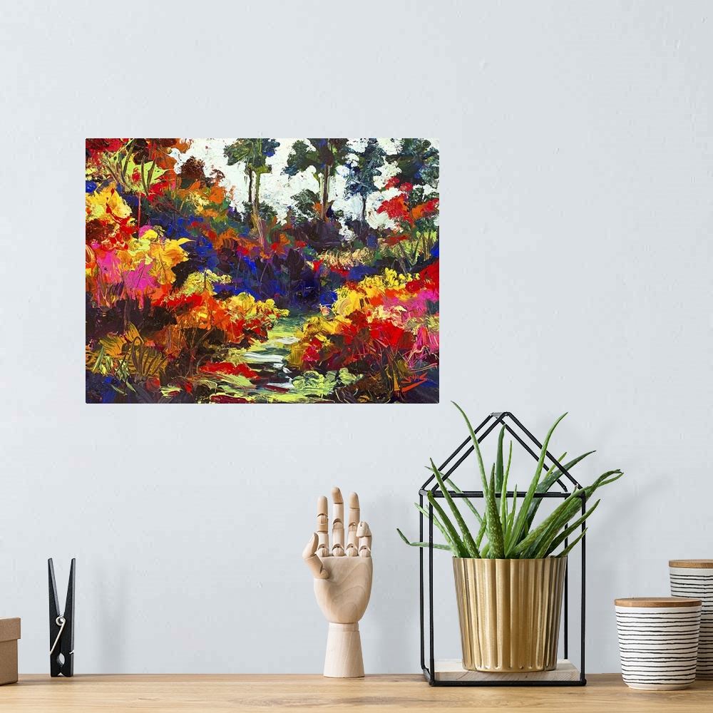 A bohemian room featuring Contemporary painting of a forest in autumn foliage.