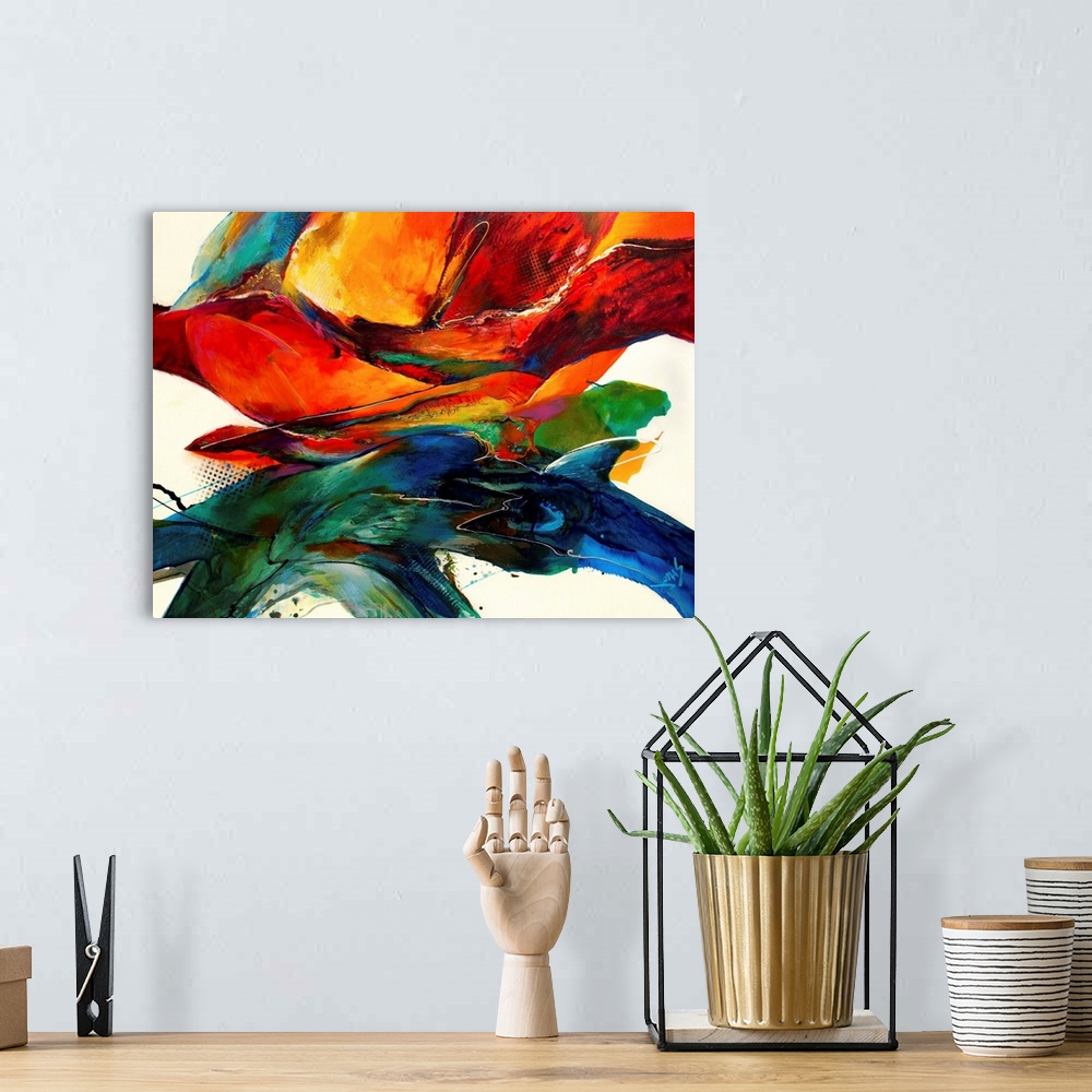 A bohemian room featuring Big abstract painting includes a variety of textures, warm tones and lively colors that also has ...