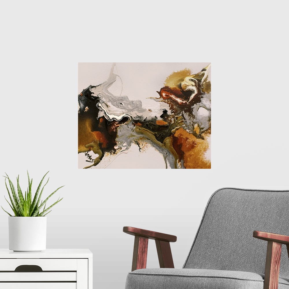 A modern room featuring A contemporary abstract painting using earthy tones in a convergence of liquidity.