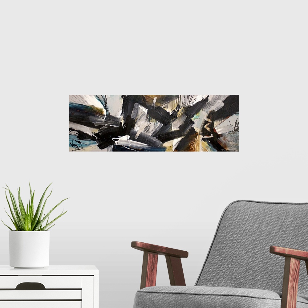 A modern room featuring A contemporary abstract painting using bold black segmented strokes against a neutral toned backg...