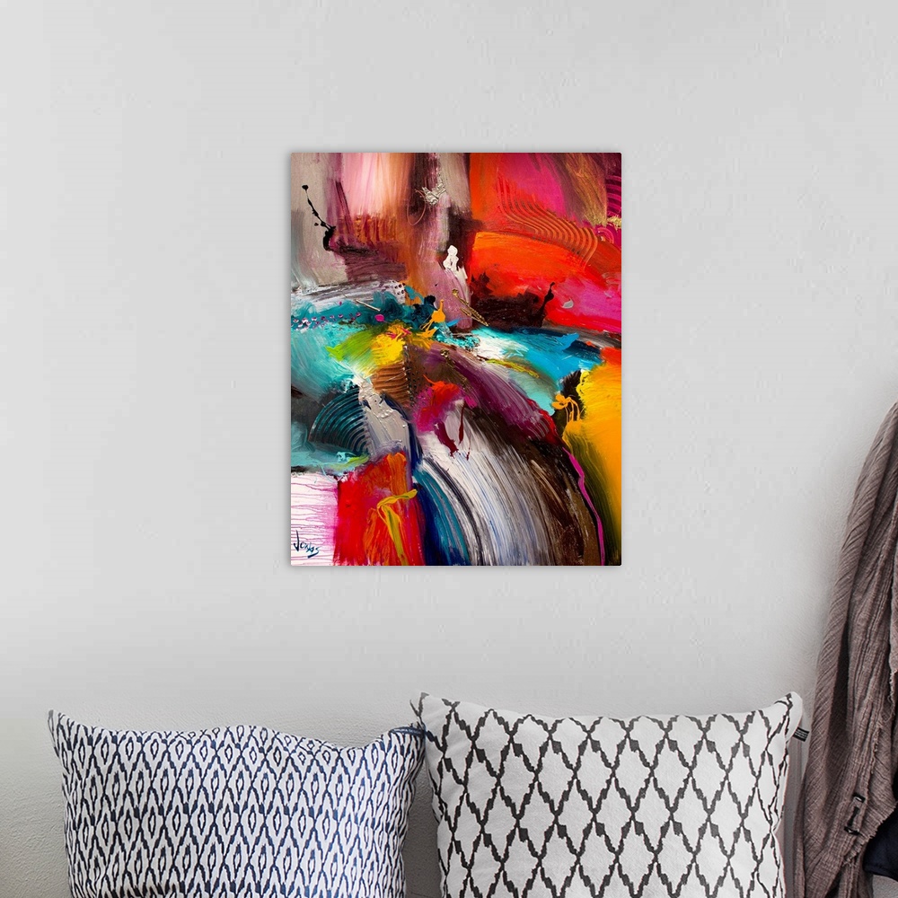 A bohemian room featuring Huge abstract art incorporates oddly sized patches of vibrant colors with harsh brush strokes.  A...