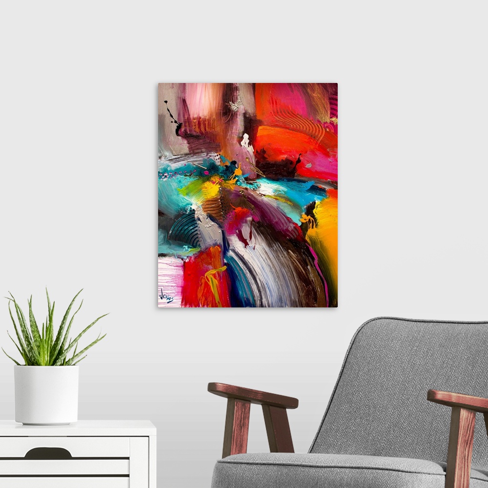 A modern room featuring Huge abstract art incorporates oddly sized patches of vibrant colors with harsh brush strokes.  A...