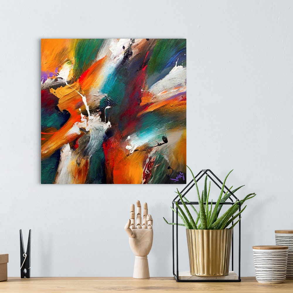 A bohemian room featuring Colorful abstract painting by Jonas Gerard with strokes and splatters of bright colors.