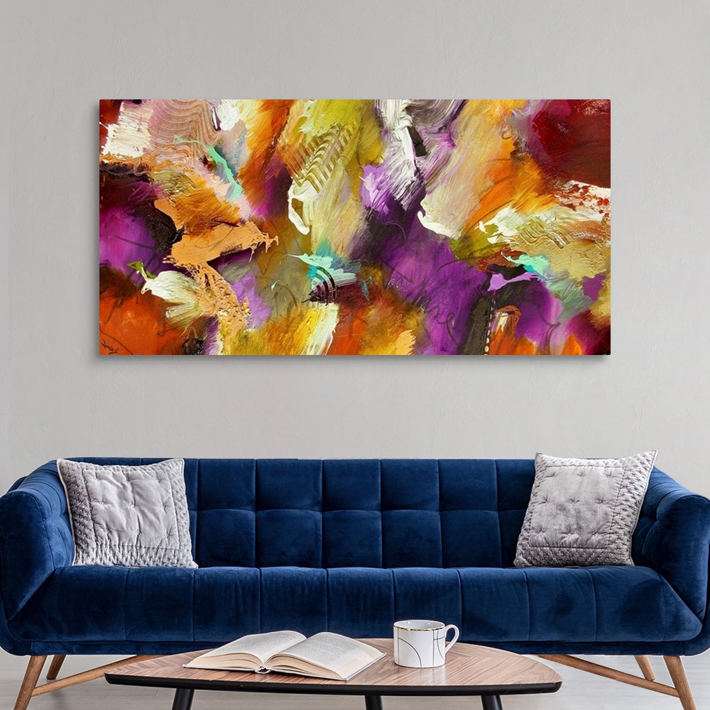 A modern room featuring Big abstract art incorporates patches of warm colors that sit next to each other.  On a few secti...