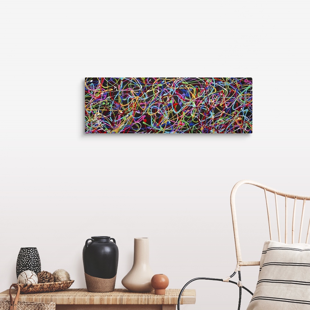 A farmhouse room featuring A contemporary abstract painting of a very busy interlocking web of neon colors in thin string-li...