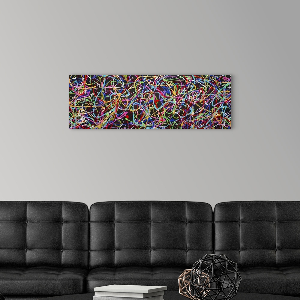 A modern room featuring A contemporary abstract painting of a very busy interlocking web of neon colors in thin string-li...