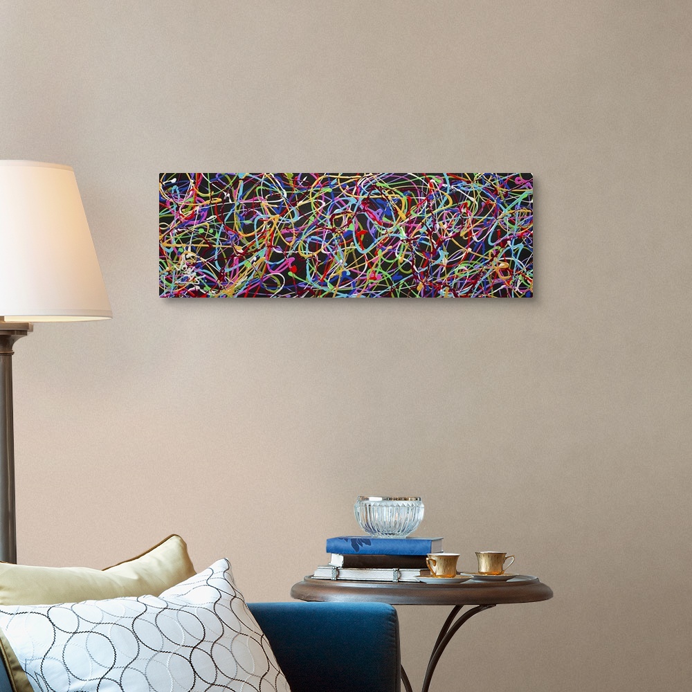 A traditional room featuring A contemporary abstract painting of a very busy interlocking web of neon colors in thin string-li...