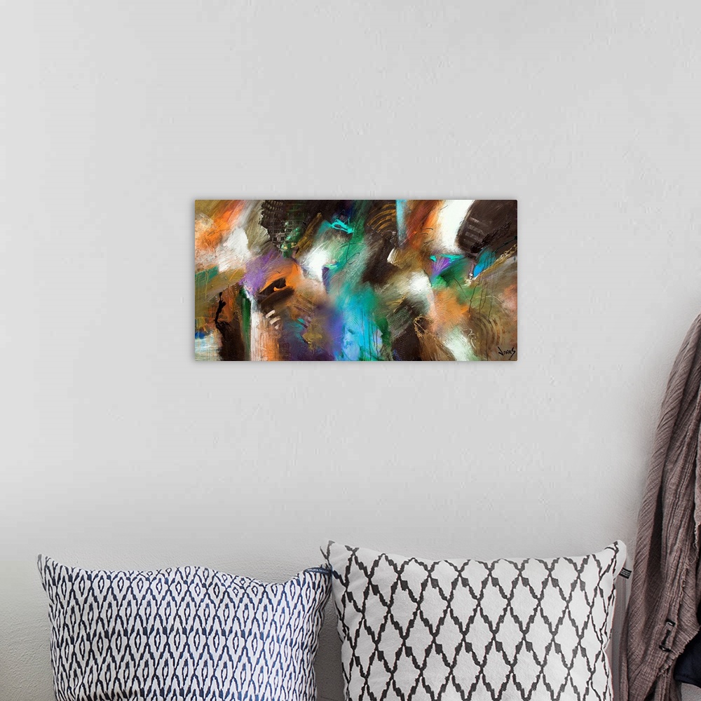 A bohemian room featuring Horizontal abstract painting on a large canvas of intersecting patches of many colors with rough ...