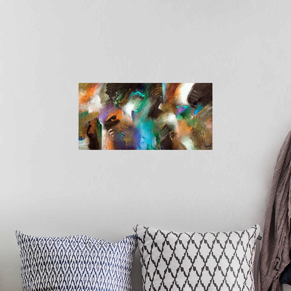A bohemian room featuring Horizontal abstract painting on a large canvas of intersecting patches of many colors with rough ...