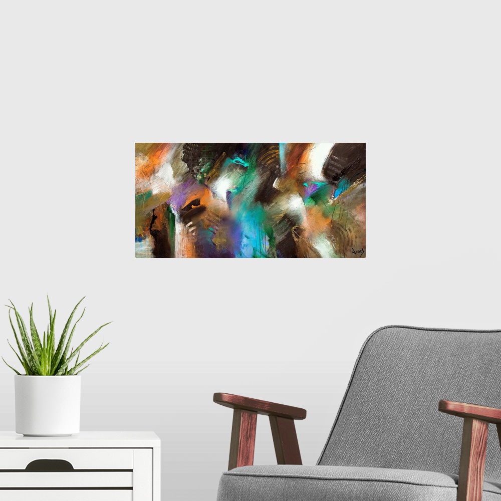 A modern room featuring Horizontal abstract painting on a large canvas of intersecting patches of many colors with rough ...