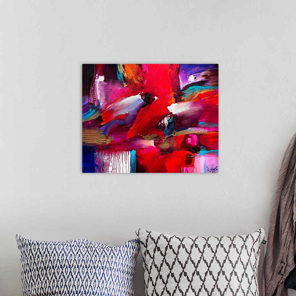 A bohemian room featuring Contemporary abstract painting with various brush strokes of color oriented in several directions...