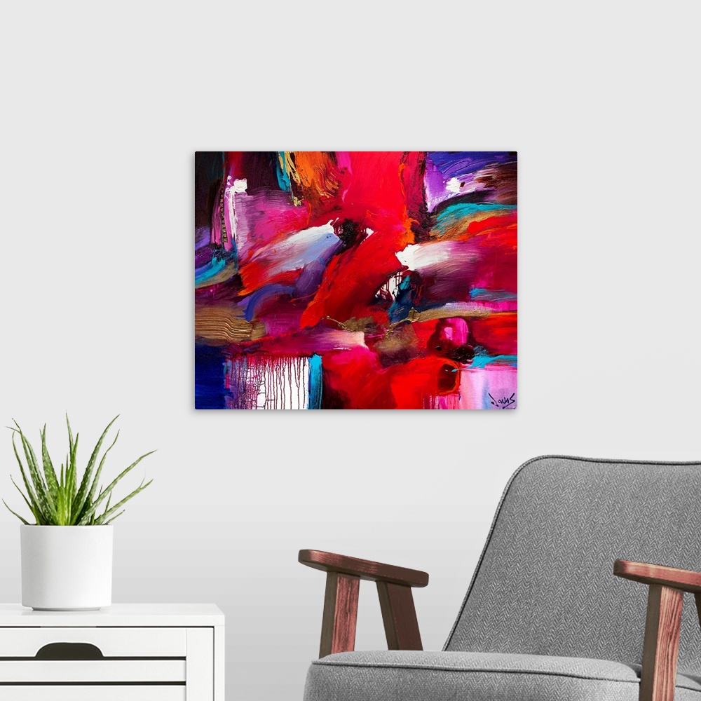 A modern room featuring Contemporary abstract painting with various brush strokes of color oriented in several directions...