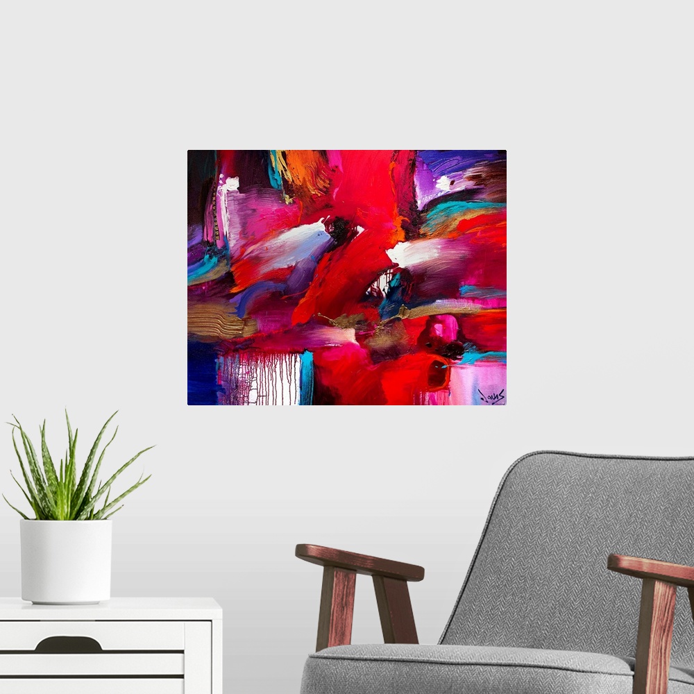 A modern room featuring Contemporary abstract painting with various brush strokes of color oriented in several directions...