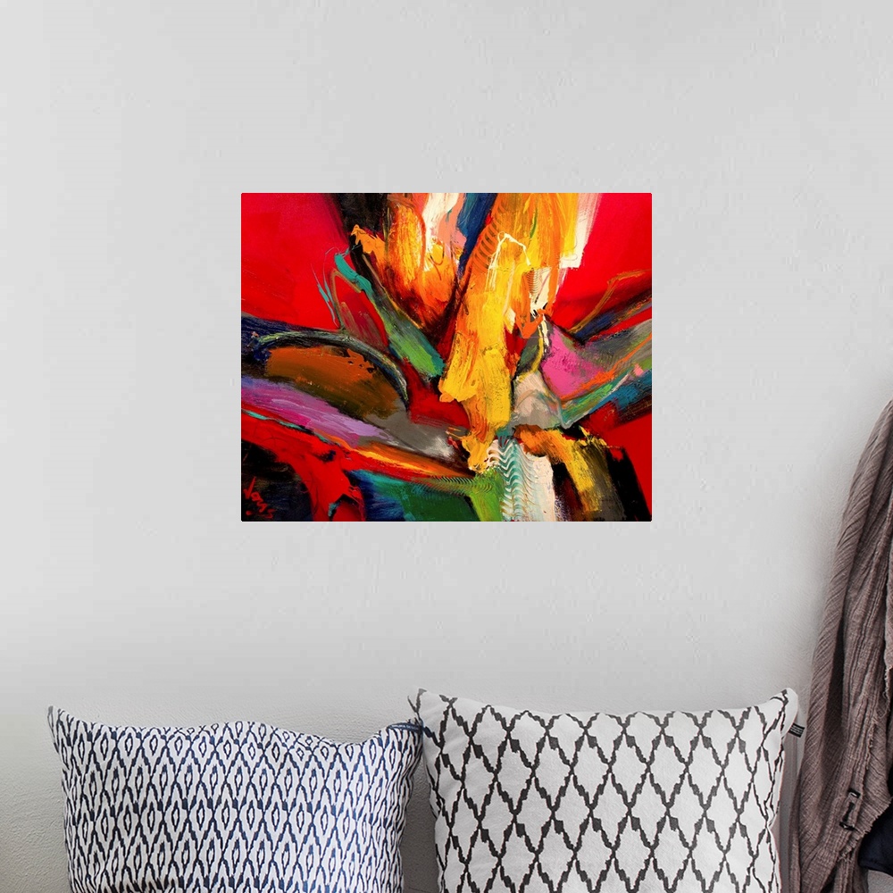 A bohemian room featuring A frenzy of color and motion this abstract painting becomes truly awe inspiring as an oversized w...