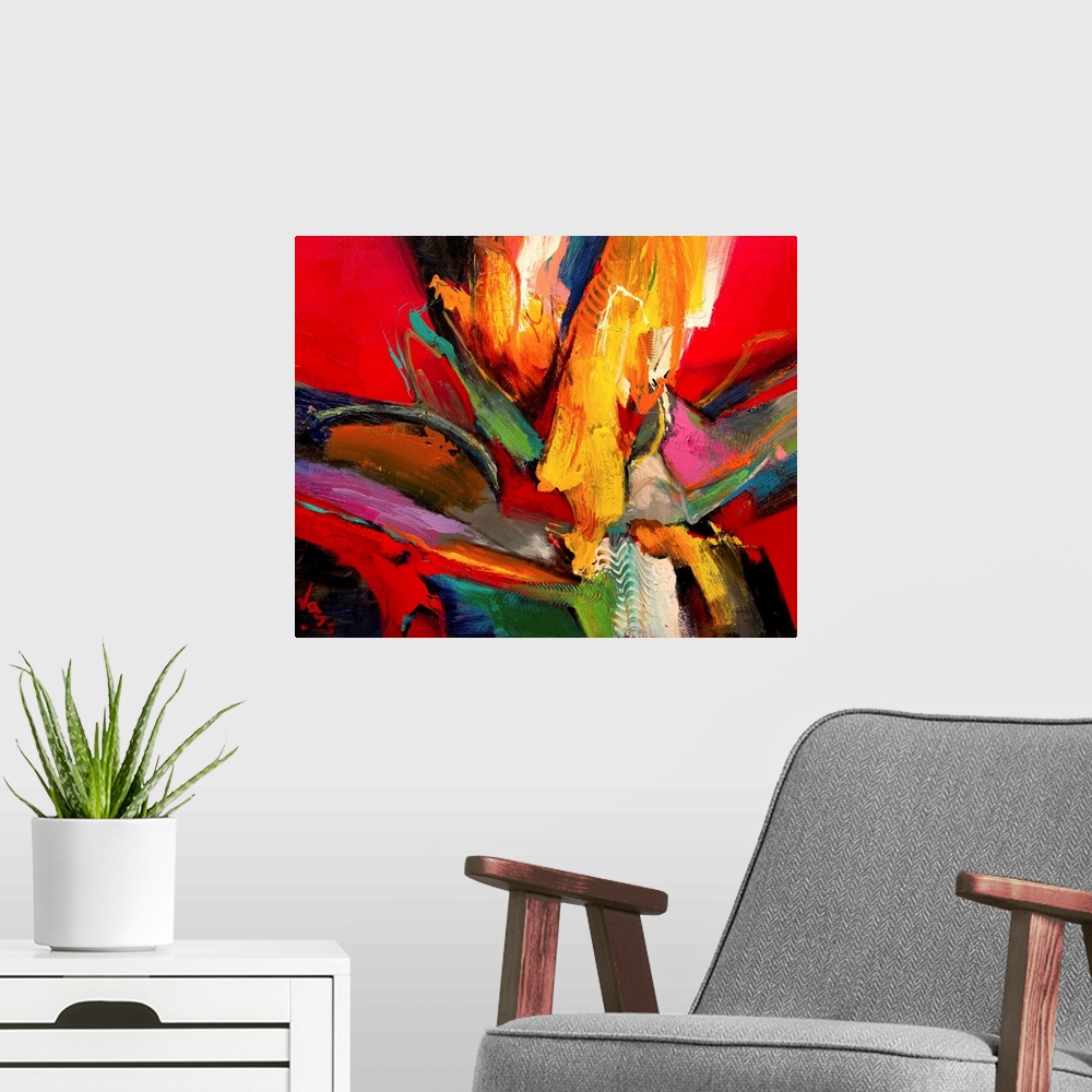 A modern room featuring A frenzy of color and motion this abstract painting becomes truly awe inspiring as an oversized w...
