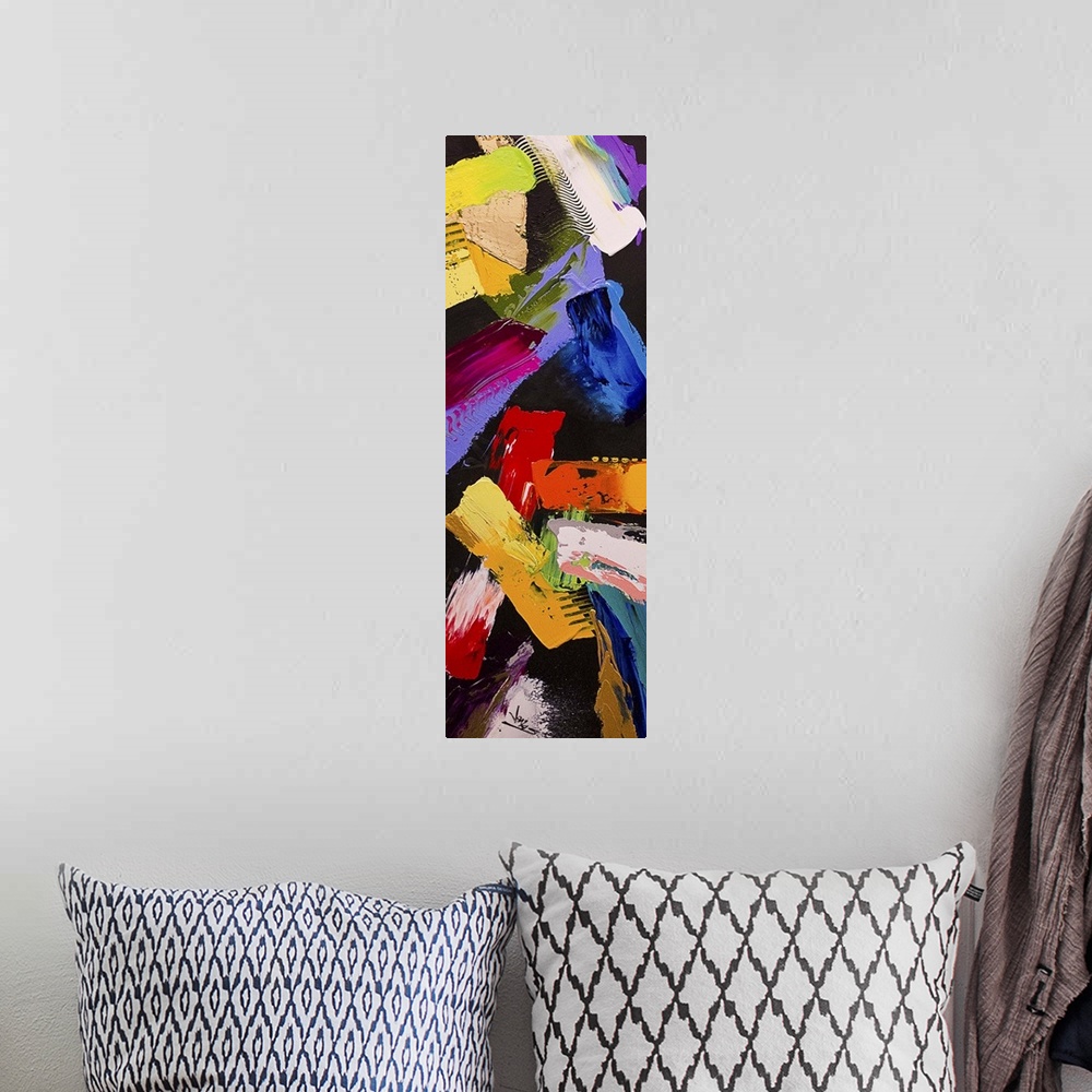A bohemian room featuring A contemporary abstract painting using wide strokes of vibrant colors in different directions aga...