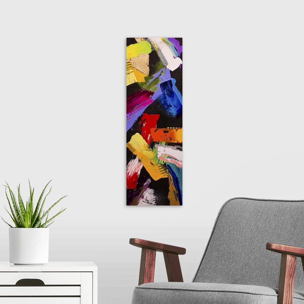 A modern room featuring A contemporary abstract painting using wide strokes of vibrant colors in different directions aga...