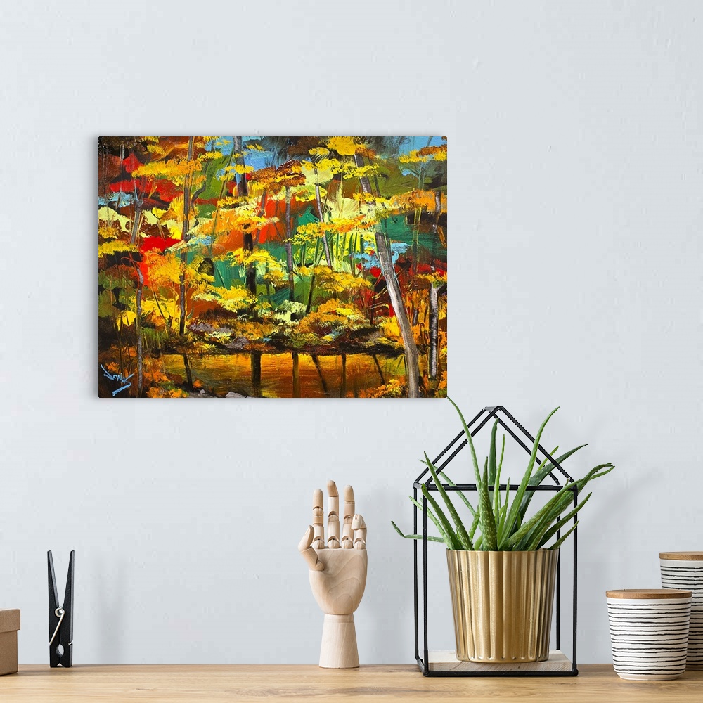 A bohemian room featuring A contemporary painting of a forest scene using vibrant colors of autumn.