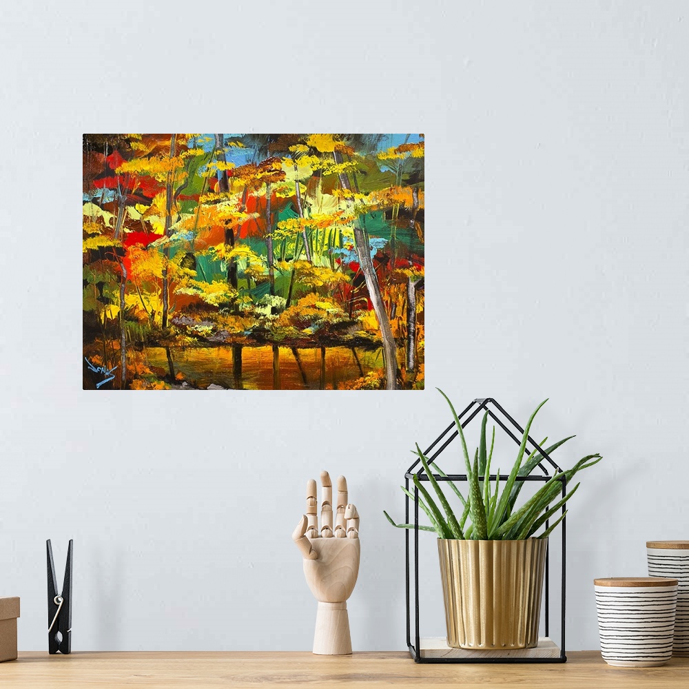 A bohemian room featuring A contemporary painting of a forest scene using vibrant colors of autumn.