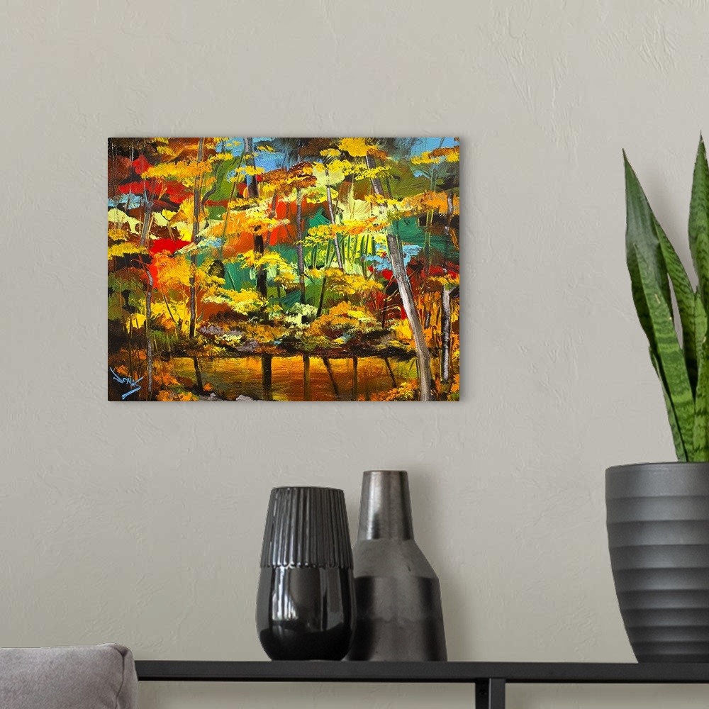 A modern room featuring A contemporary painting of a forest scene using vibrant colors of autumn.