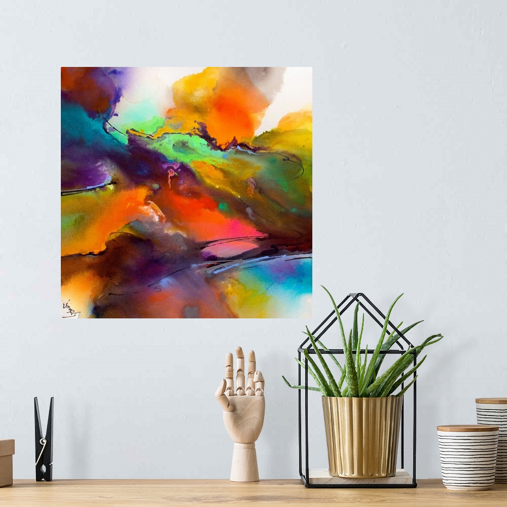 A bohemian room featuring In this modern abstract painting colors splash and mix together in a combination of bright and co...