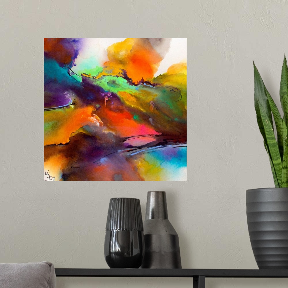A modern room featuring In this modern abstract painting colors splash and mix together in a combination of bright and co...