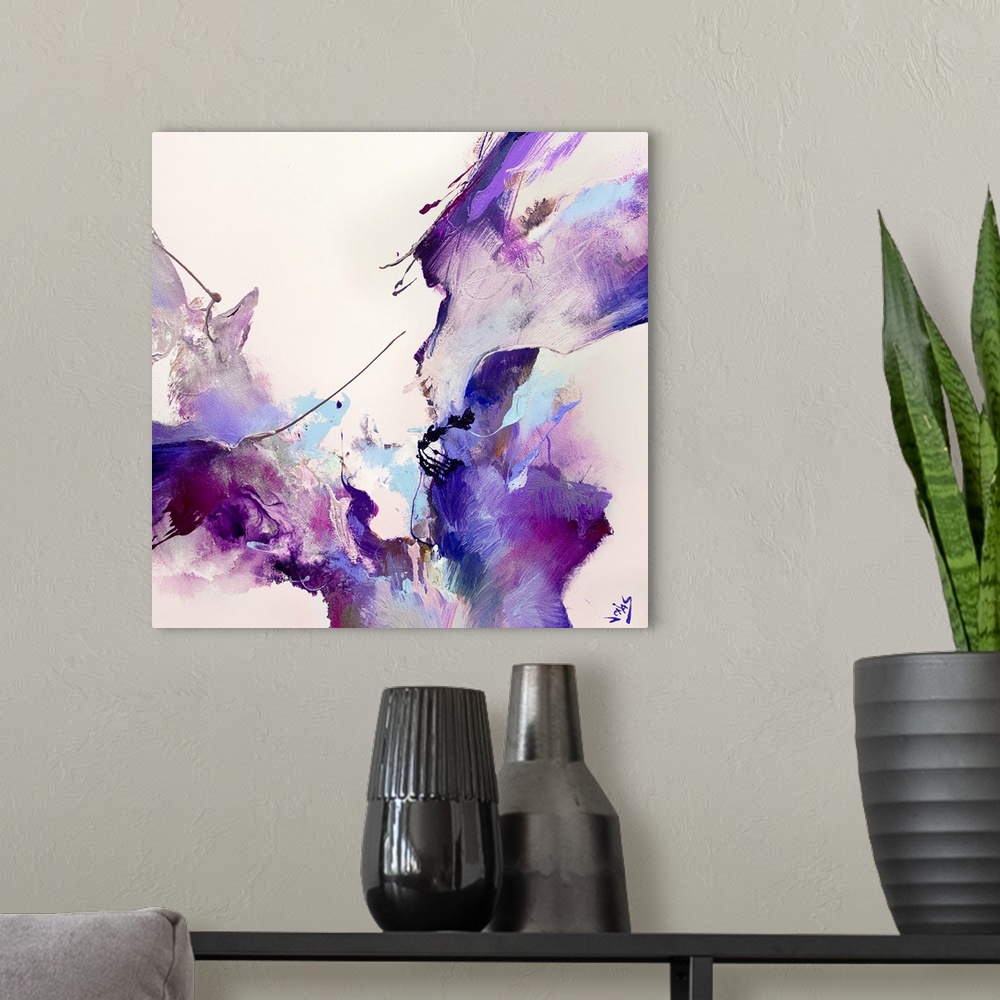 A modern room featuring Contemporary abstract painting using vibrant purple and gold tones converging toward the center o...