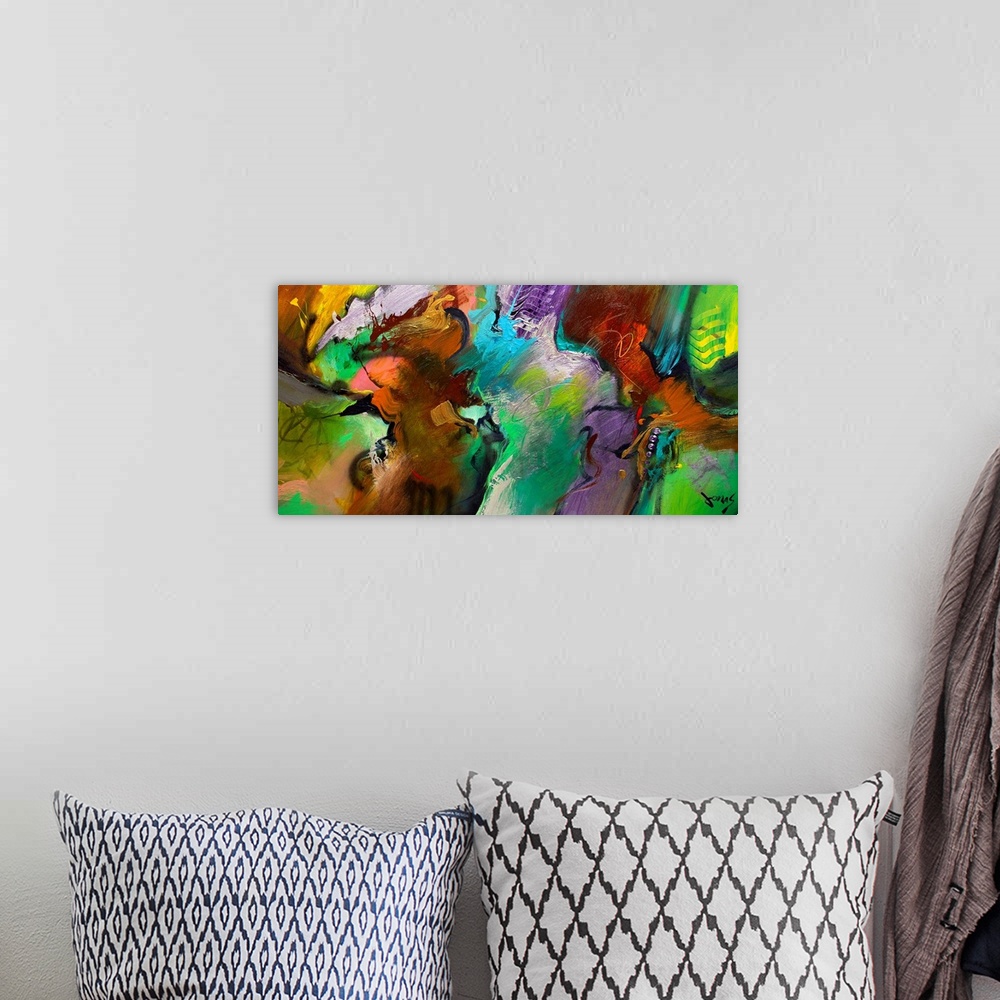 A bohemian room featuring Abstract art of brushstrokes with colorful lines and swirls.