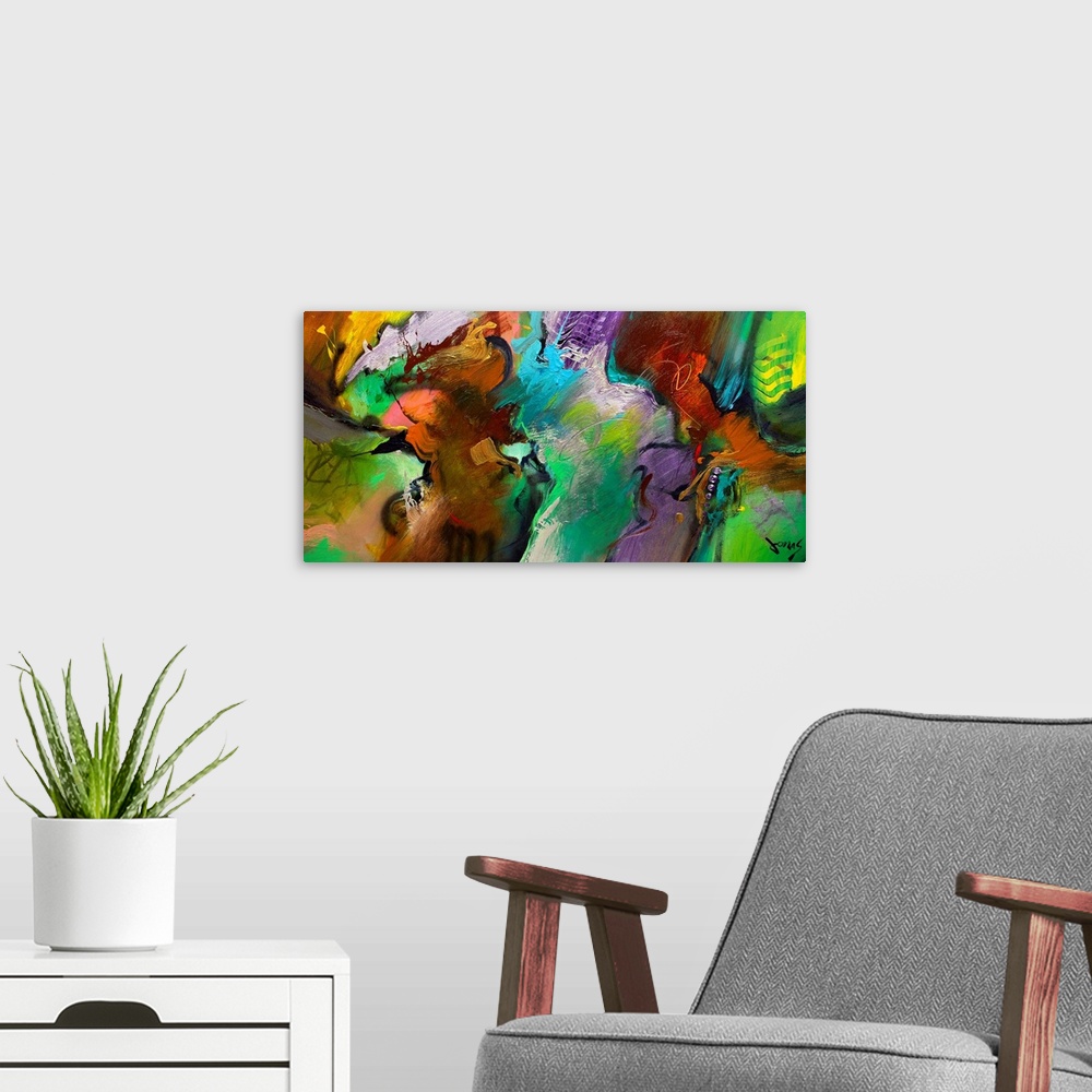 A modern room featuring Abstract art of brushstrokes with colorful lines and swirls.