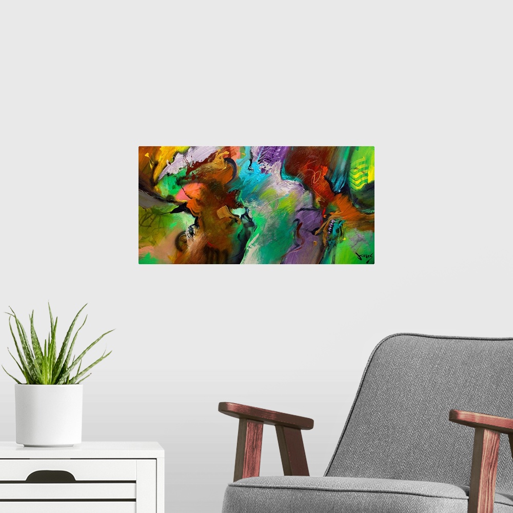 A modern room featuring Abstract art of brushstrokes with colorful lines and swirls.