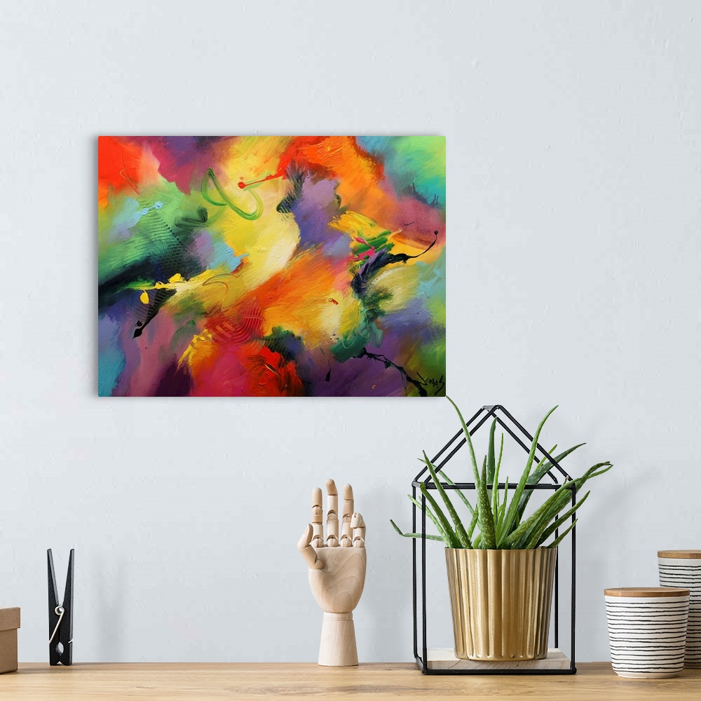 A bohemian room featuring A wild abstract painting of vivid colors blended together on horizontal wall art.