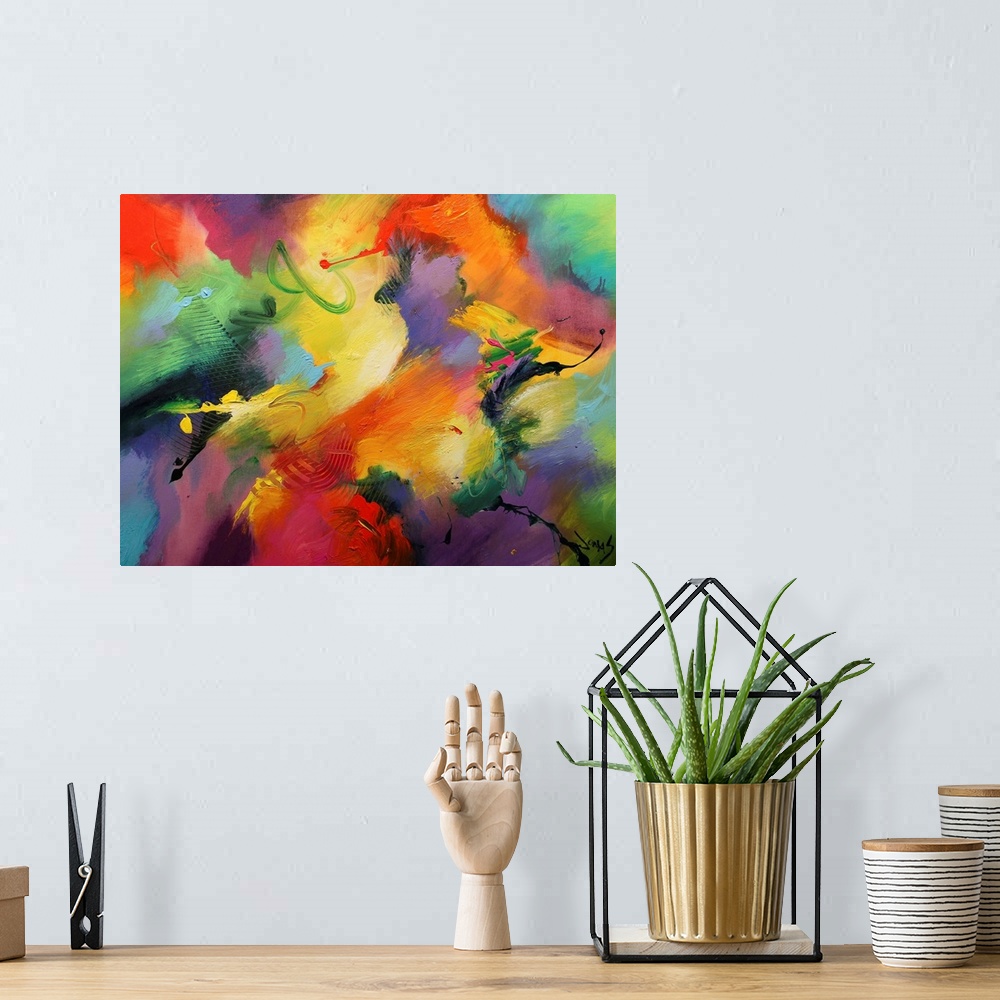 A bohemian room featuring A wild abstract painting of vivid colors blended together on horizontal wall art.