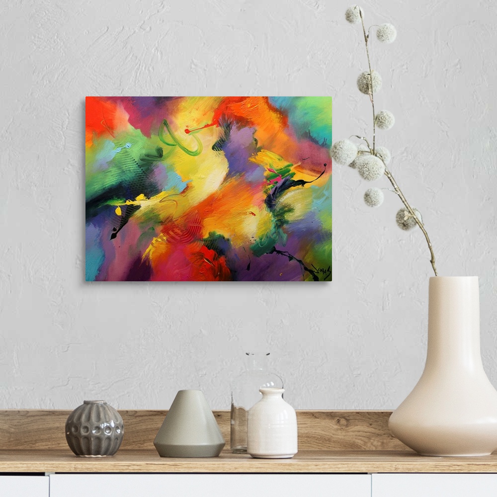 A farmhouse room featuring A wild abstract painting of vivid colors blended together on horizontal wall art.