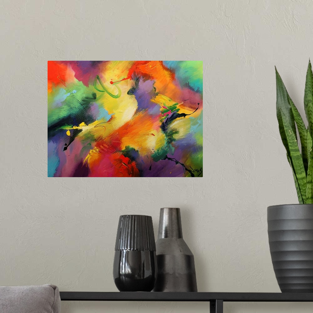 A modern room featuring A wild abstract painting of vivid colors blended together on horizontal wall art.