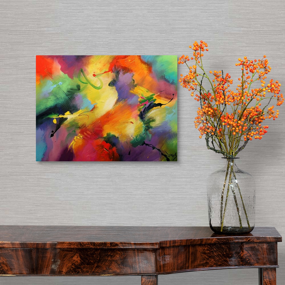 A traditional room featuring A wild abstract painting of vivid colors blended together on horizontal wall art.