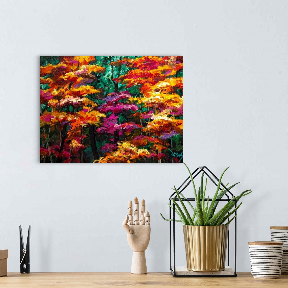 A bohemian room featuring This is a vividly colorful and almost otherworldly painting by a contemporary artist that uses un...