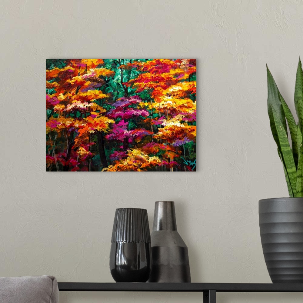 A modern room featuring This is a vividly colorful and almost otherworldly painting by a contemporary artist that uses un...