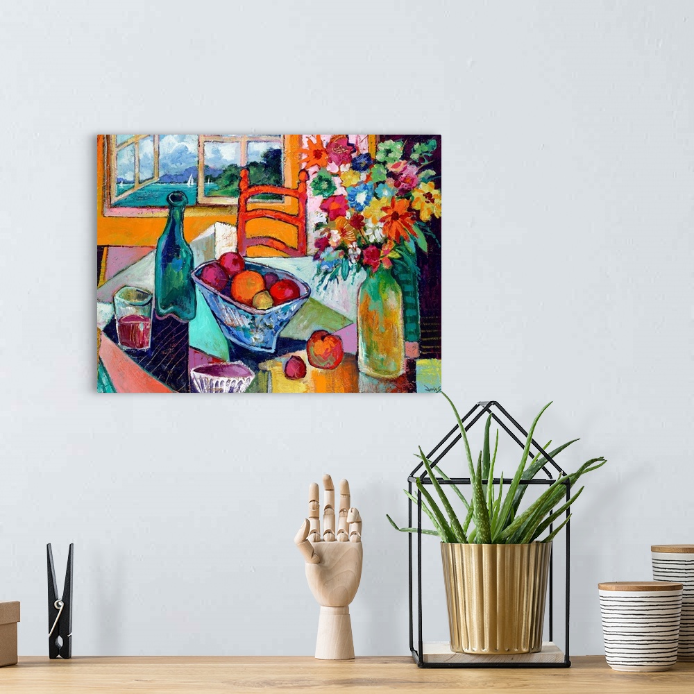 A bohemian room featuring Contemporary art painting of a table with fruit, flowers and wine next to an open window overlook...