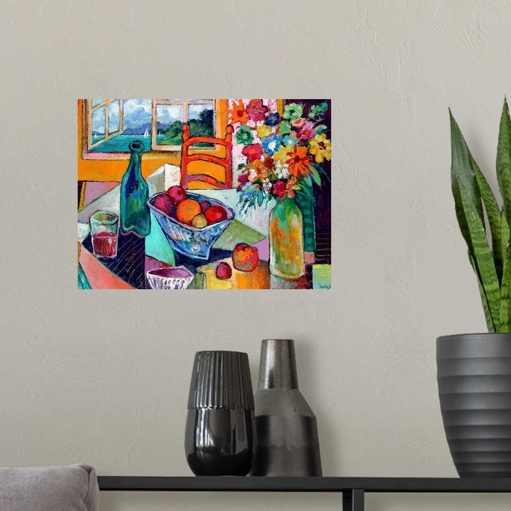 A modern room featuring Contemporary art painting of a table with fruit, flowers and wine next to an open window overlook...