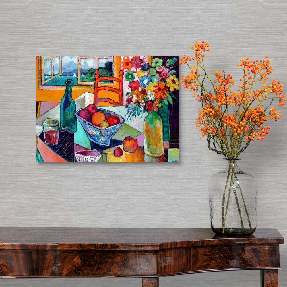 A traditional room featuring Contemporary art painting of a table with fruit, flowers and wine next to an open window overlook...