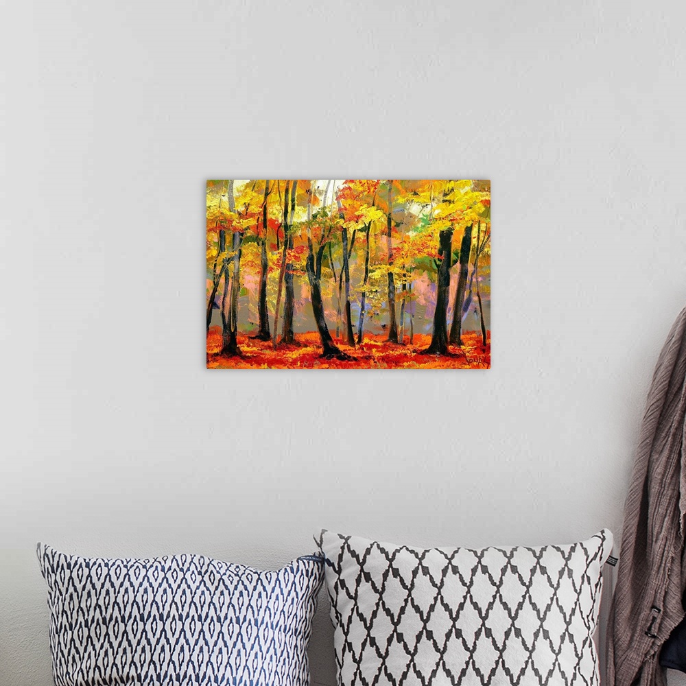 A bohemian room featuring Giant contemporary art depicts a forest scattered with trees.  Artist uses a lot of bold and inte...