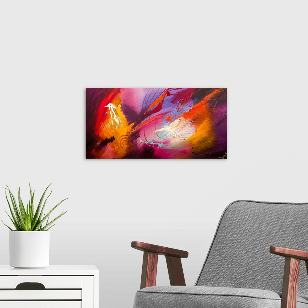 A modern room featuring An abstract piece of artwork that uses various colors of paint in dance like motions.