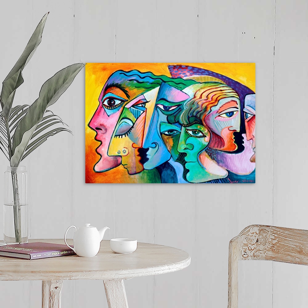 A farmhouse room featuring Contemporary painting of the profiles of several figurative inspired faces.