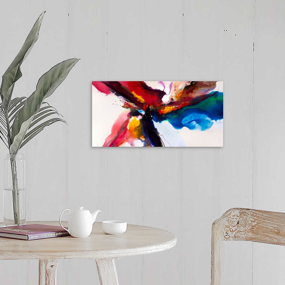 A farmhouse room featuring Contemporary abstract painting using wild and vivid colors to create movement and depth.