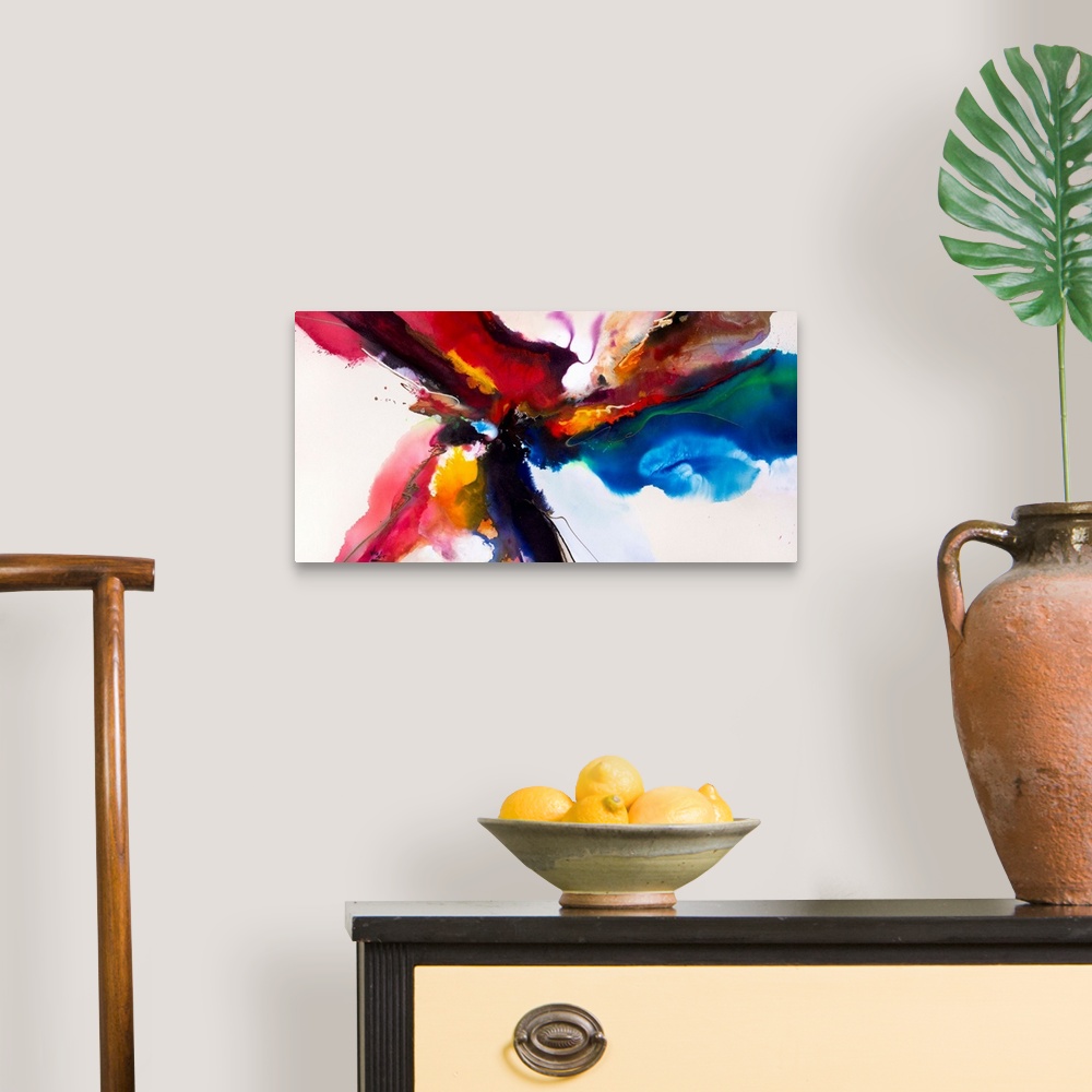 A traditional room featuring Contemporary abstract painting using wild and vivid colors to create movement and depth.