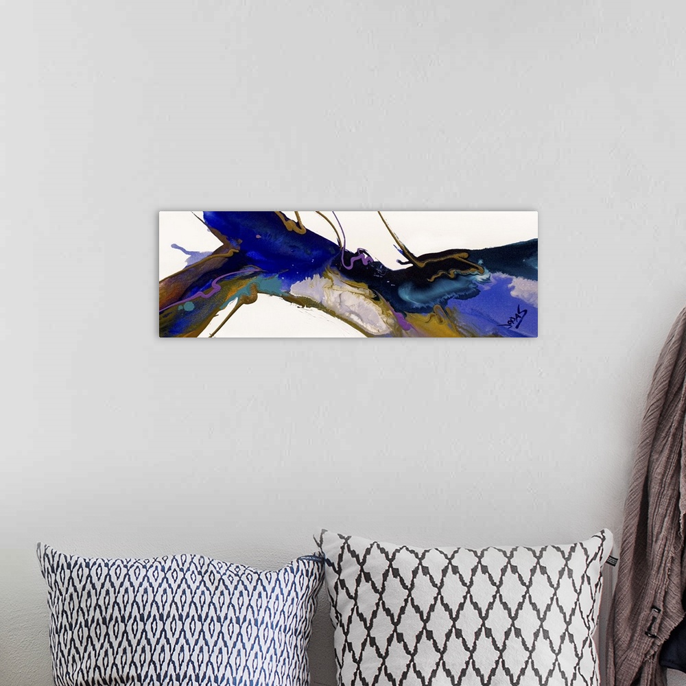 A bohemian room featuring A contemporary abstract painting of a converging of deep blue tones against a neutral background.