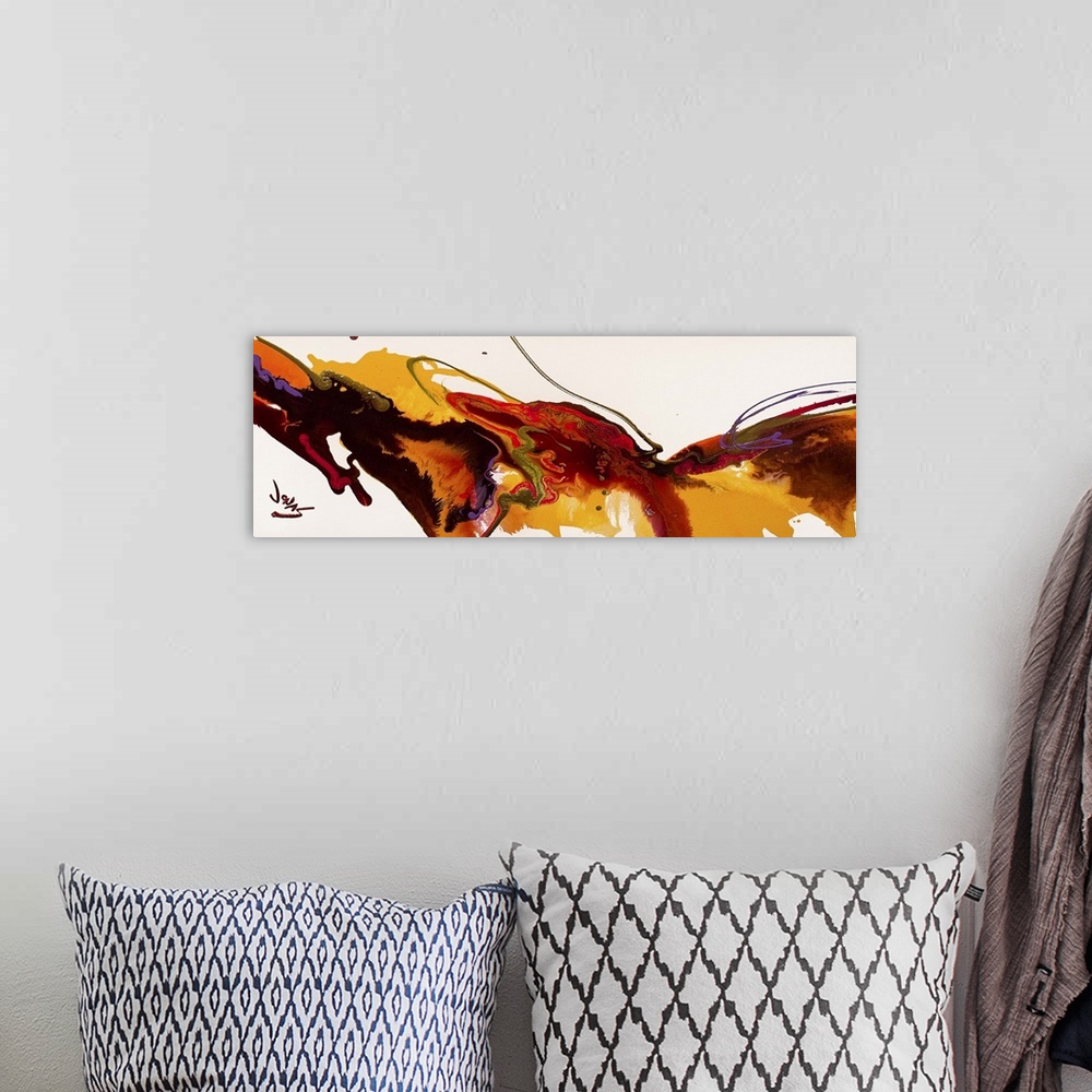 A bohemian room featuring Contemporary abstract painting using earthy tones converging toward the center of the image in a ...