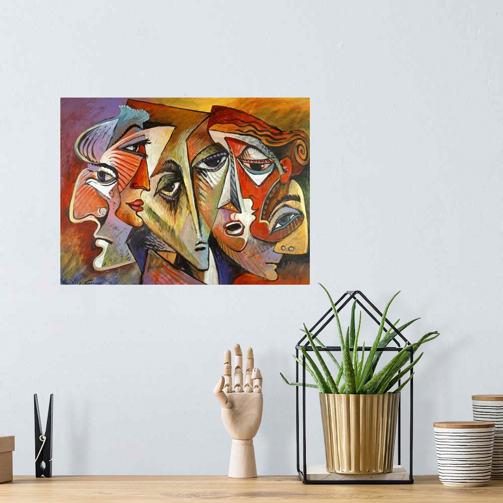 A bohemian room featuring Contemporary, figurative art of multiple faces clustered together created by abstract lines and a...