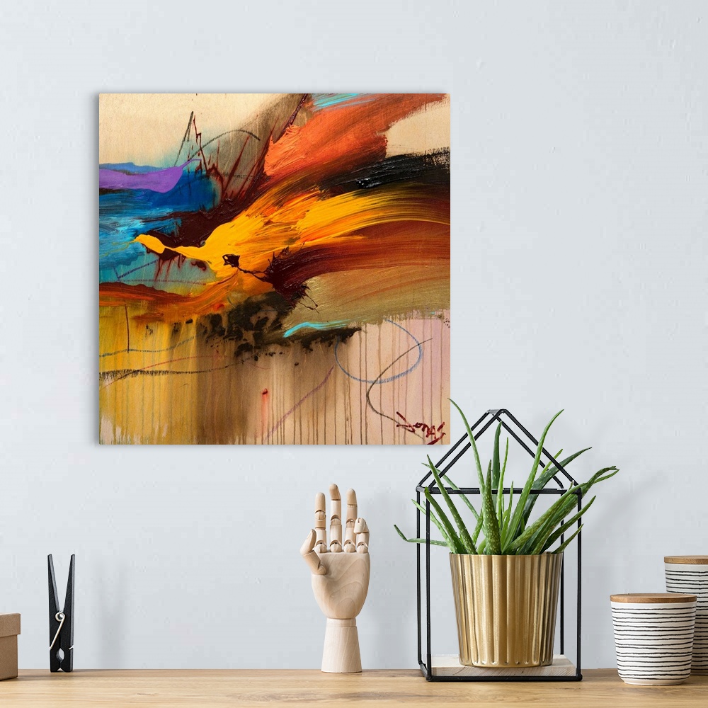 A bohemian room featuring Boldly colored contemporary abstract artwork of splashed paint with visible brush strokes and pai...