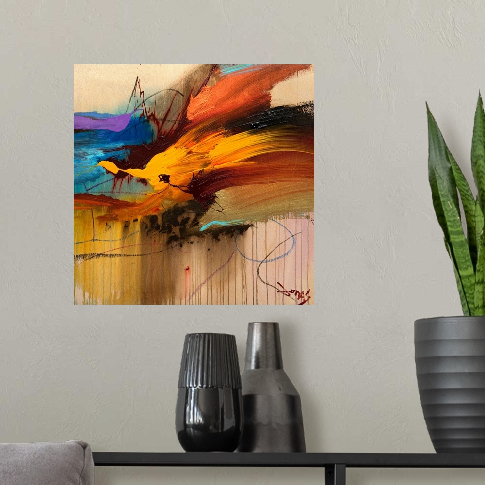 A modern room featuring Boldly colored contemporary abstract artwork of splashed paint with visible brush strokes and pai...